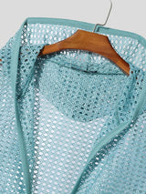 Men's Beach Resort Sheer Crochet Mesh Sleeveless Hooded Longline Cardigan SKUL71411