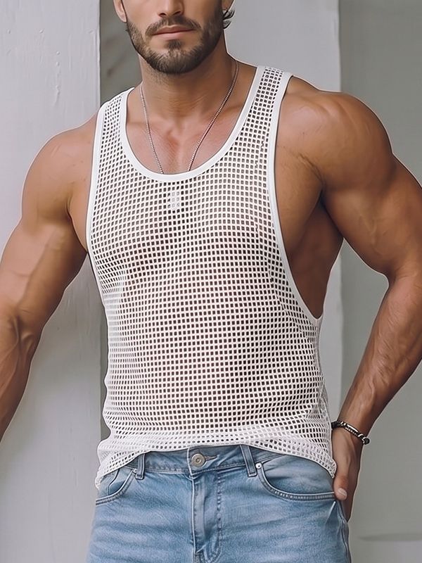 Men's Avant-Garde High-Street All-Over Mesh Round Neck Tank SKUL72634