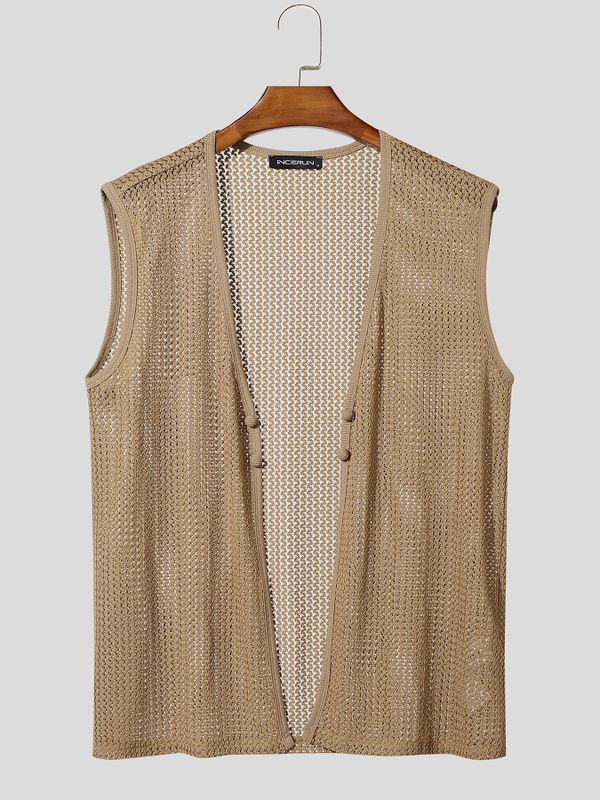 Men's Solid Color Textured Crochet Mesh Waistcoat SKUL55432