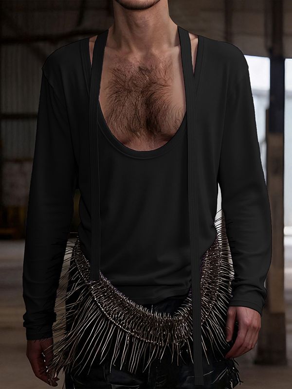 Men's Ribbon Patchwork Padded Shoulder Long Sleeve T-shirt SKUL42447