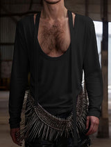 Men's Ribbon Patchwork Padded Shoulder Long Sleeve T-shirt SKUL42447