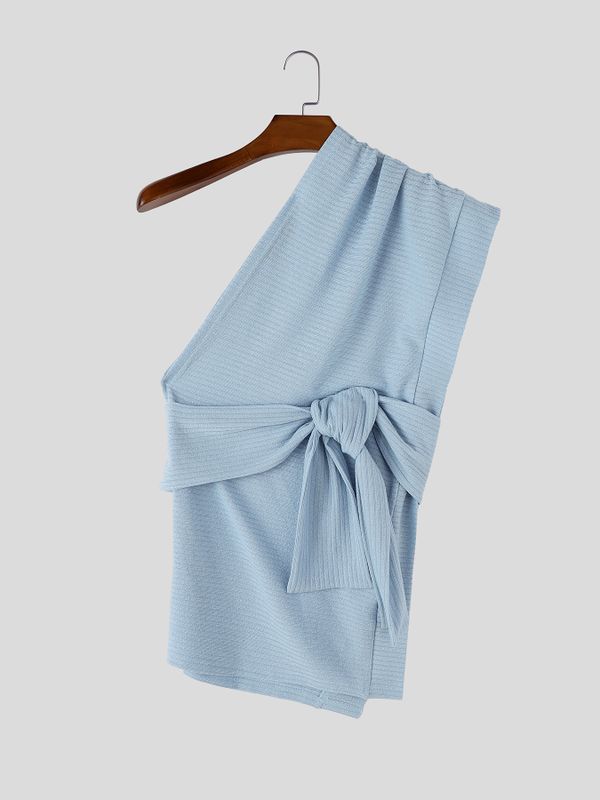 Men's Avant-Garde Asymmetrical One-Shoulder Side Tie-Knot Ribbed Texture Tank SKUL60919