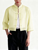 Men's Avant-Garde Neo-Chinese Sheer Striped Cropped Frog-Button Shirt SKUL63172