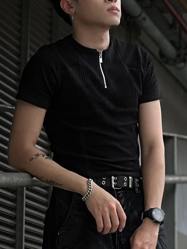 Mens Solid Color Half-Zip Short Sleeve T-Shirt SKUK98843