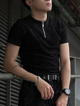 Mens Solid Color Half-Zip Short Sleeve T-Shirt SKUK98843