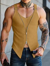 Men's Avant-Garde Ribbed Double-Zipper Buckle Strap Asymmetrical Hem Tank SKUL61891