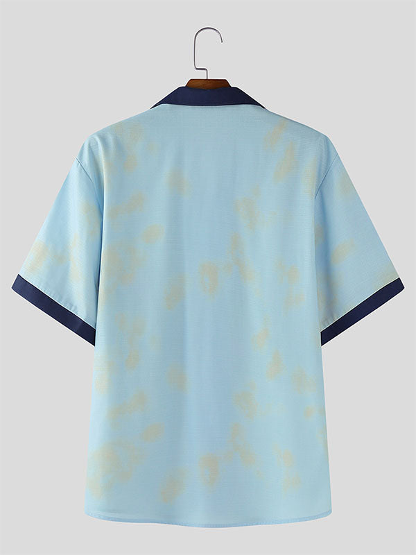Men's Lotus Print Color Block Short Sleeve Shirt SKUL16812