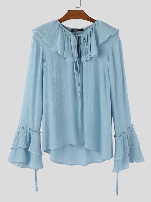 Men's Solid Color Semi Sheer Ruffle Collar Long Sleeve Shirt SKUL52527
