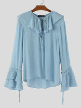 Men's Solid Color Semi Sheer Ruffle Collar Long Sleeve Shirt SKUL52527