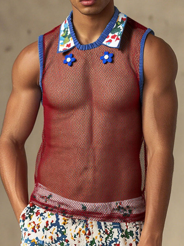 Men's Sheer Mesh Neck Colorblock Casual Tank SKUL15182