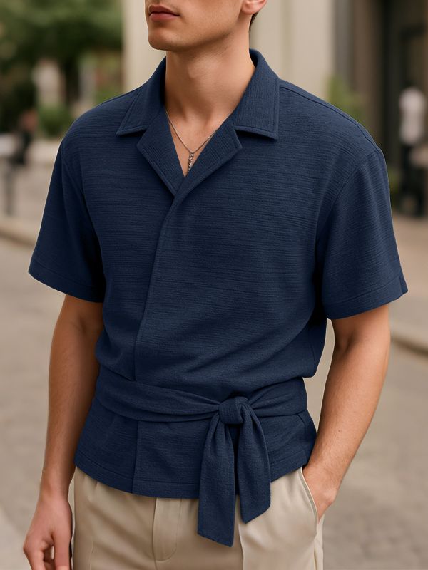 Men's Solid Color Slant Placket Tie Long Sleeve Shirt SKUL29747