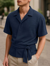 Men's Solid Color Slant Placket Tie Long Sleeve Shirt SKUL29747