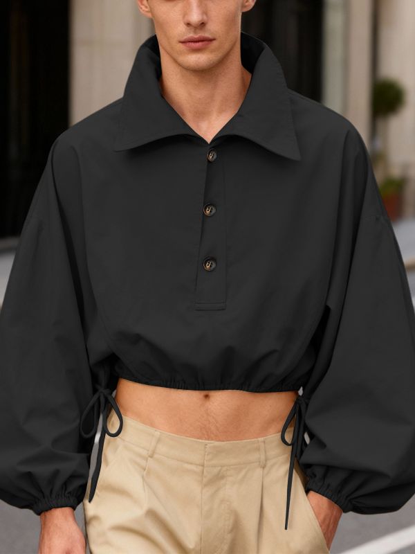 Men's Solid Color Loose Lapel Cropped Long Sleeve Shirt SKUL45225