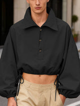 Men's Solid Color Loose Lapel Cropped Long Sleeve Shirt SKUL45225
