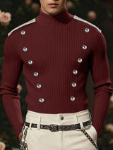 Men's Metal Buckle Decor High Neck Knitted Long Sleeve Sweater SKUL39035