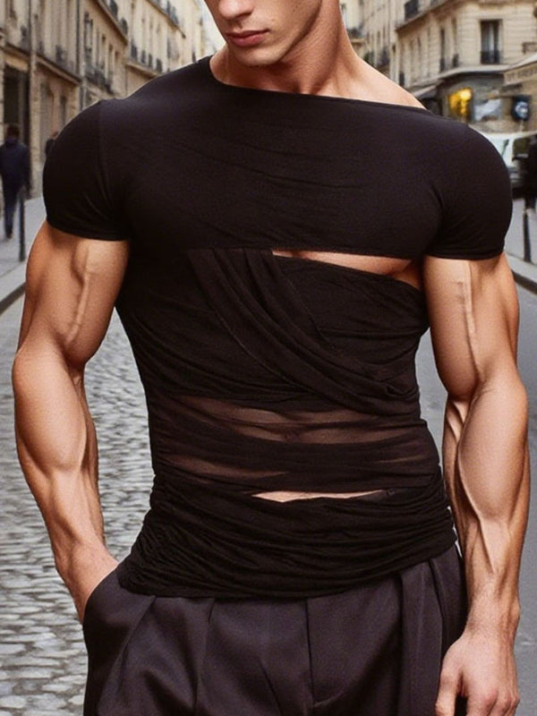 Men's Sheer Mesh Patchwork Hollow Sleeveless T-Shirt SKUL15199