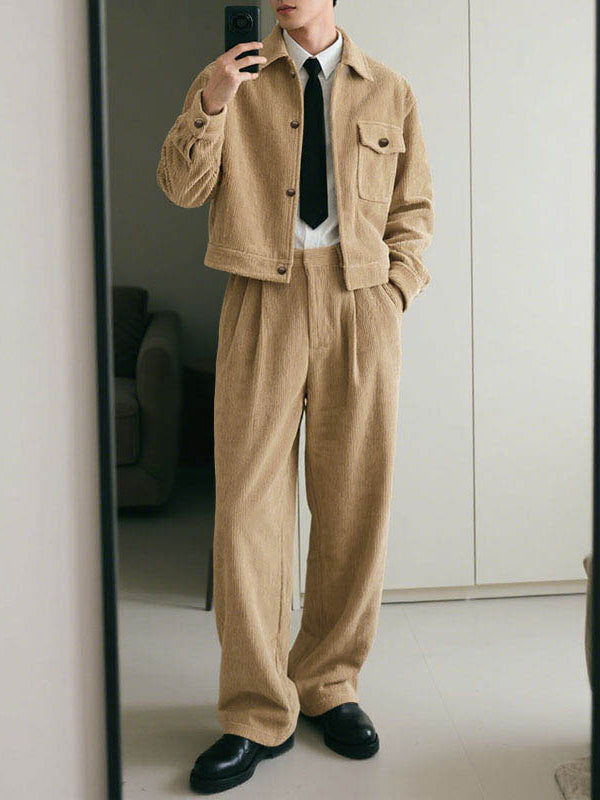 Men's Solid Color Corduroy Casual Two Pieces Outfit SKUL25720