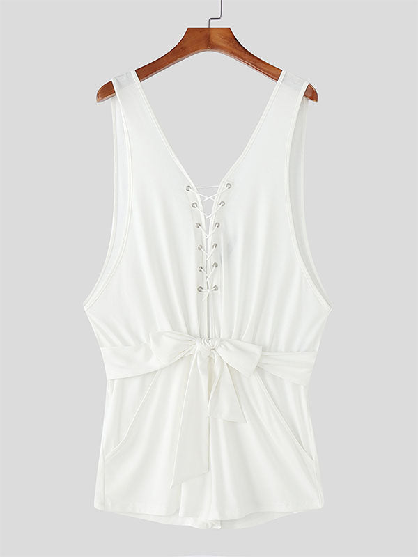 Mens Solid Color Knit Drawstring Bodysuit SKUL14194