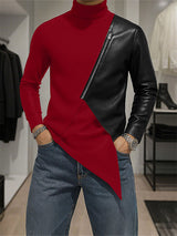 Men's Faux Leather Irregular Hem Long Sleeve T-Shirt SKUL28334