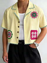 Men's Avant-Garde Crochet Floral Patchwork Scalloped Trim Cropped Camp Collar Shirt SKUL50754