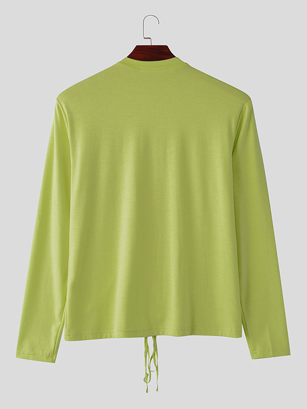 Mens Tie-Up Interwoven Hollow-Out Long Sleeve T-Shirt SKUK95749