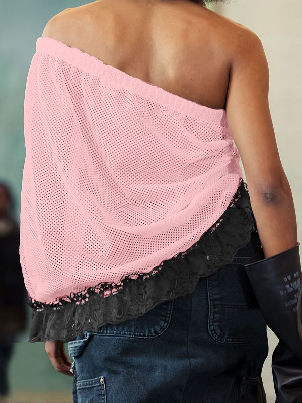 Men's Avant-Garde One-Shoulder Number Print Mesh Ruffle Lace Hem Tank SKUL54411