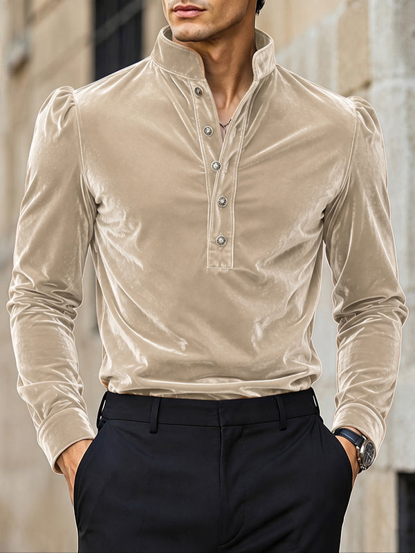 [Pre-order] Men's Victorian Vintage Evening Gala Velvet Puff Shoulder Metal Button Shirt SKUL88522