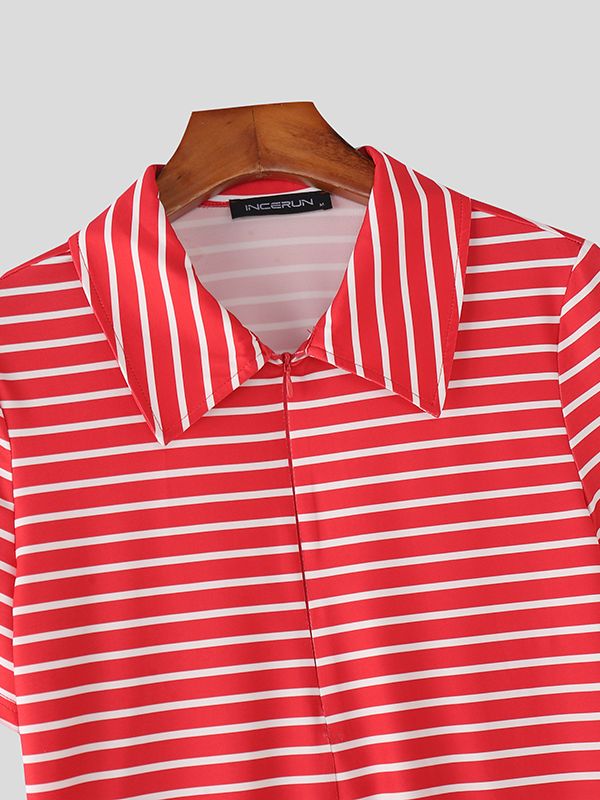 Men's Striped Zipper Turn Down Collar Short Sleeve T-shirt SKUL47695