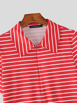 Men's Striped Zipper Turn Down Collar Short Sleeve T-shirt SKUL47695