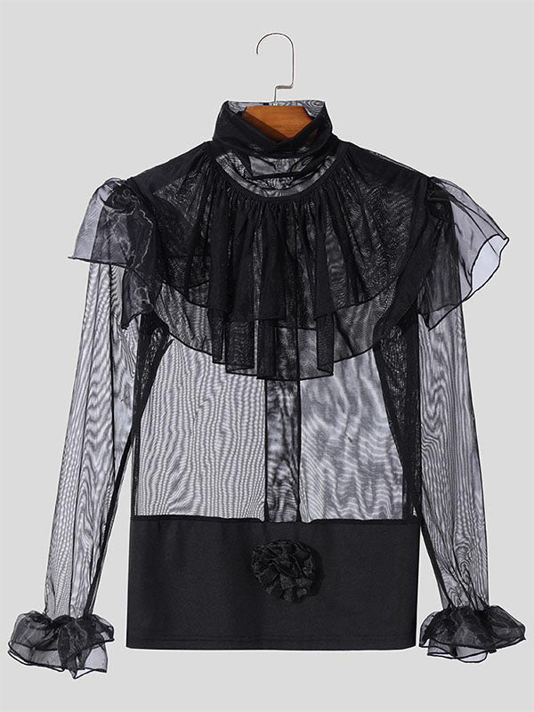 Mens Ruffle Panel Sheer Mesh Long Sleeve Shirt SKUK94748