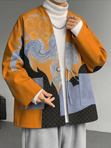 Men's Color Block Print Collarless Long Sleeve Cardigan SKUL34995
