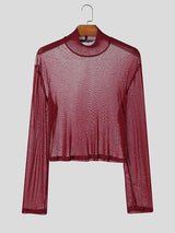 Men's Party Style Shiny Cropped Long Sleeve T-Shirt SKUL37694