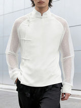 Men's Sheer Mesh Patchwork Frog Button Long Sleeve Shirt SKUL54548