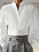 Men's Solid Color Pleated Long Sleeve Shirt SKUL43552