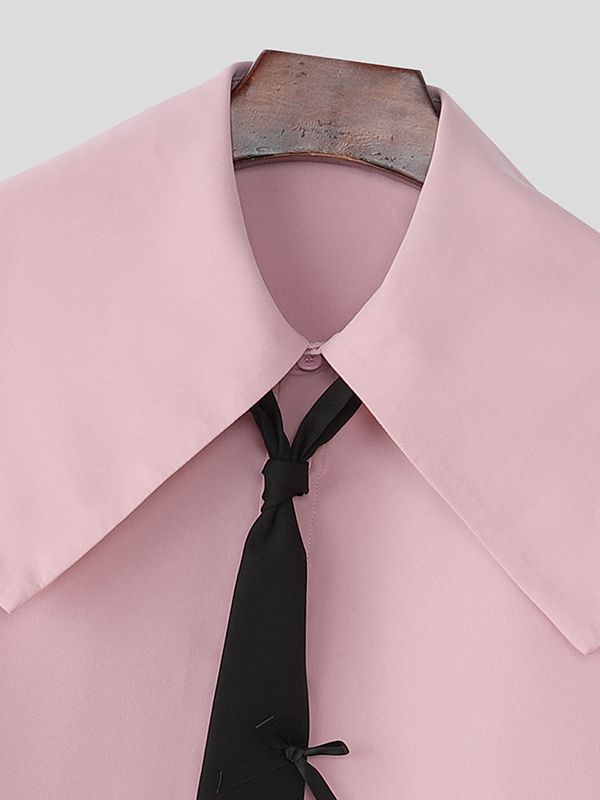 Men's Bow Tie Turn Down Collar Long Sleeve Shirt SKUL42545