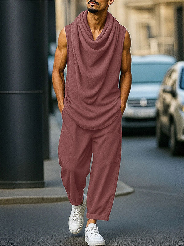 Mens Solid Color Knit Cowl Neck Two Pieces Outfit SKUL14201