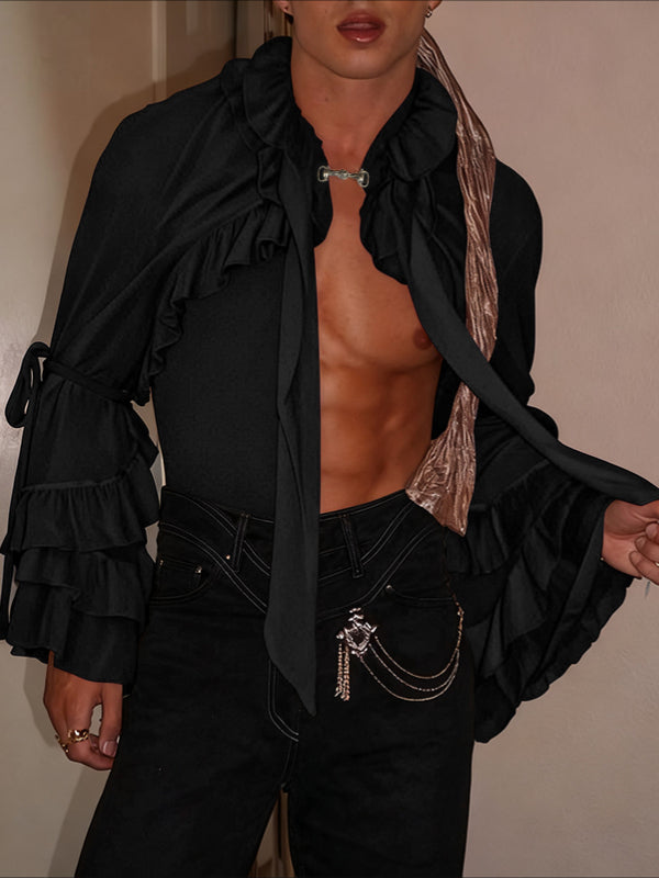 Men's Solid Color Ruffle Patchwork Cropped Cardigan SKUL43709