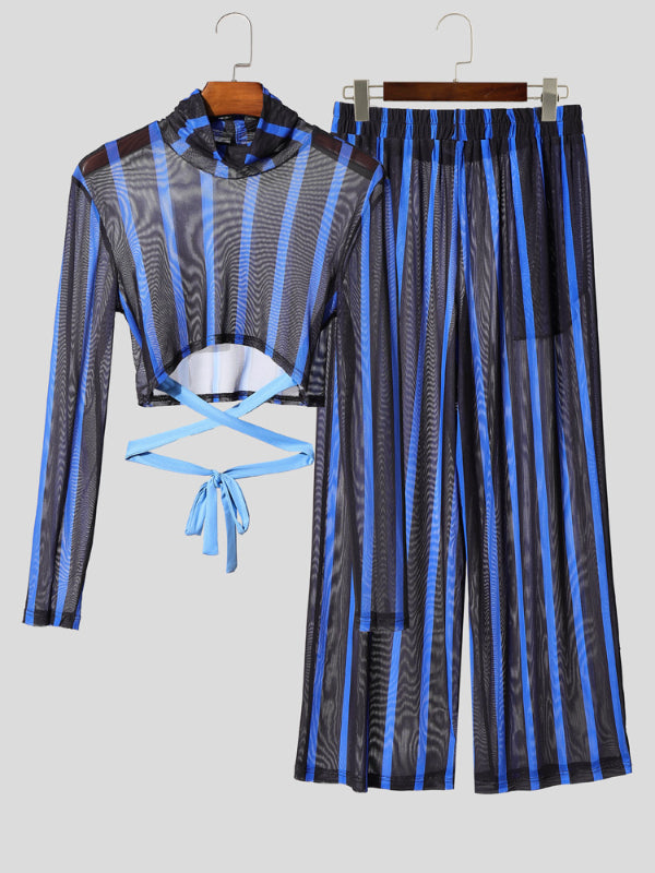 Men's Striped Sheer Mesh Cropped Two Pieces Outfit SKUL23458