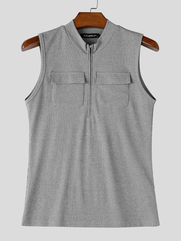 Men's Vintage Casual Half-Zip Knit Fitted Muscle Cargo Tank SKUL69703