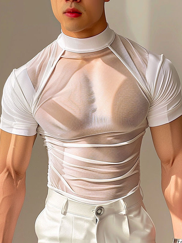 Mens Sexy Sheer Mesh Mock Neck T-Shirt SKUK65164