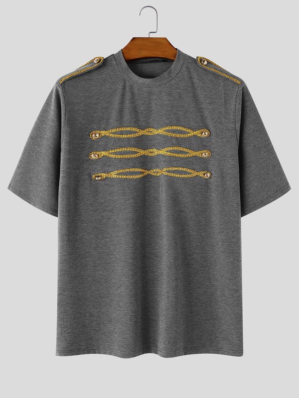 Men's High Street Vintage Military Gold Braided Embroidery T-shirt SKUL73508