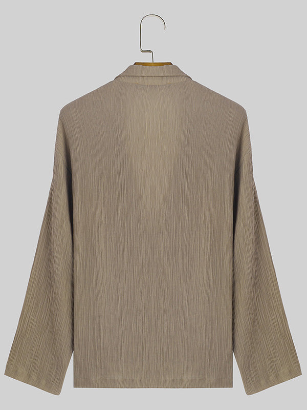 Mens Solid Texture Lapel Long Sleeve Shirt SKUK51150