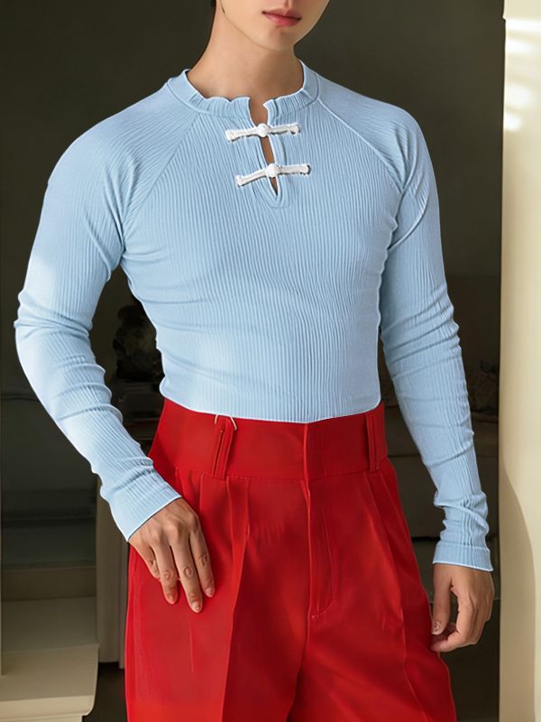 Men's Solid Color Textured Long Sleeve T-shirt SKUL45408