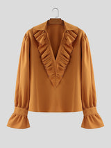 Men's Solid Ruffle Collar Patchwork Long Sleeve Shirt SKUL27259