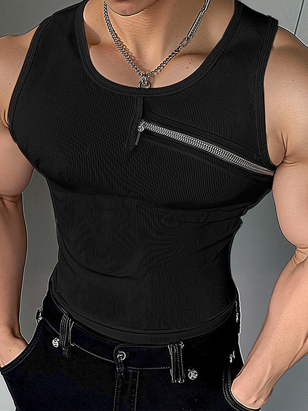 Mens Textured Asymmetrical Zip Sleeveless Tank SKUL01094