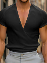 Mens Solid Color Textured Deep V-Neck Short Sleeve T-Shirt SKUL16866