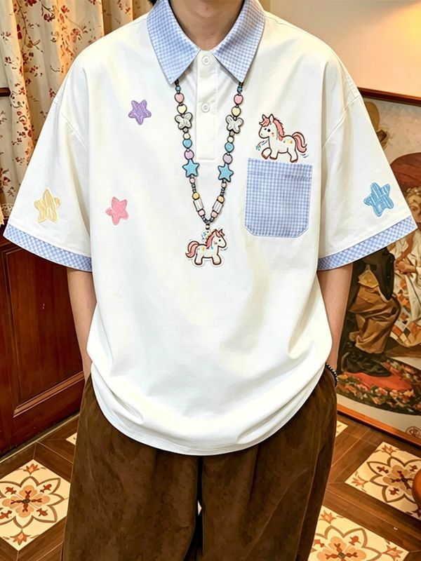 Men's Preppy Playful Unicorn Print Contrast Checked Polo Shirt SKUL70204