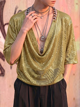 Men's Y2K Liquid Metal Avant-Garde Drape Cowl Neck T-shirt SKUL70453
