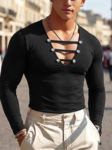 Men's High-End Clubwear Deep V-Neck Strappy Muscle Fit Long Sleeve Shirt SKUL77302