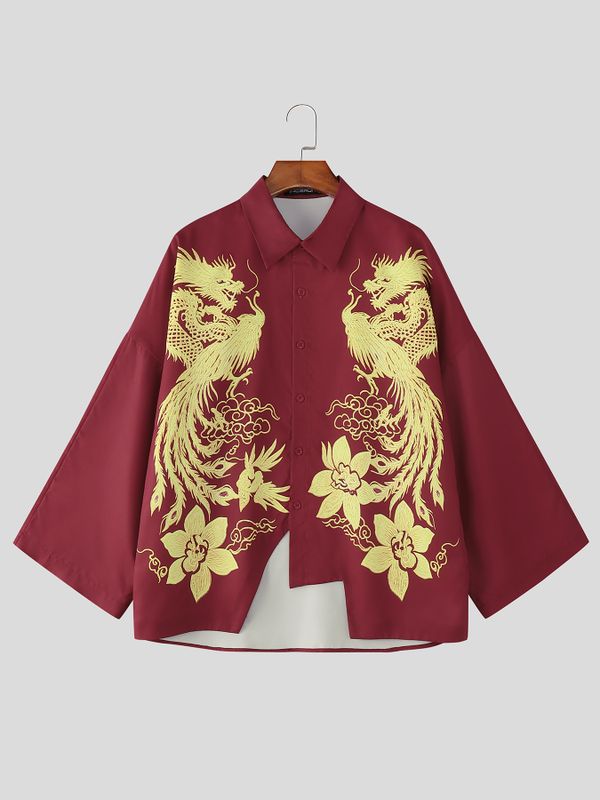 Men's New Chinese Style Dragon & Phoenix Print Asymmetrical Jagged Hem Shirt SKUL52937